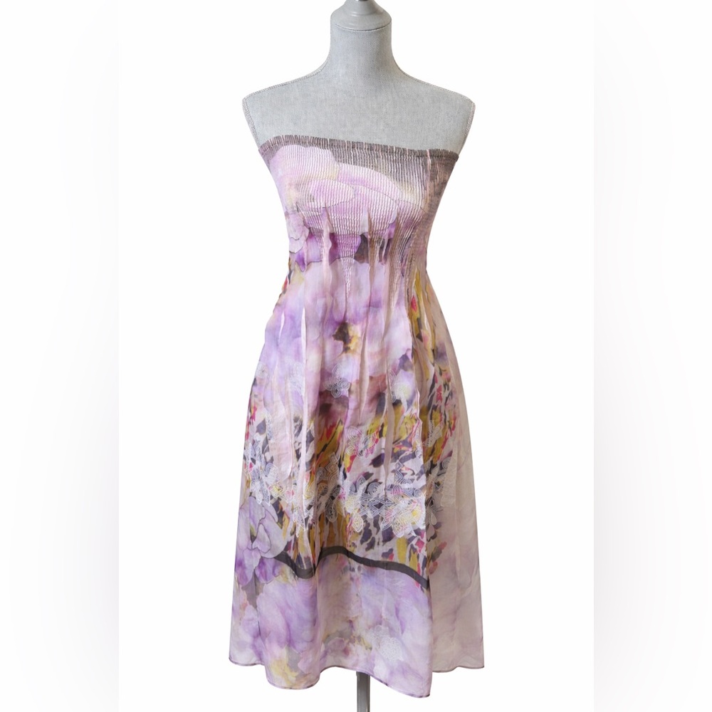 Lapis Lavender Watercolor Floral Smocked Strapless Midi Dress One Size